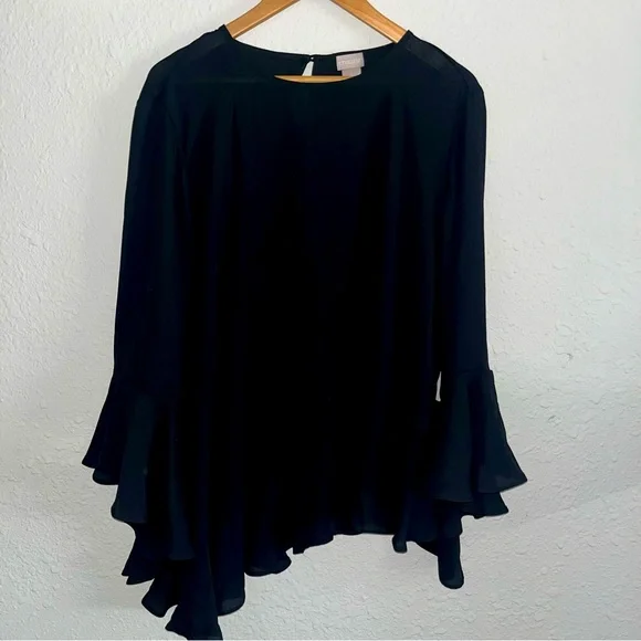 Chicos Sheer Asymmetrical Ruffle Hem Sleeves Black Blouse - Picture 1 of 8